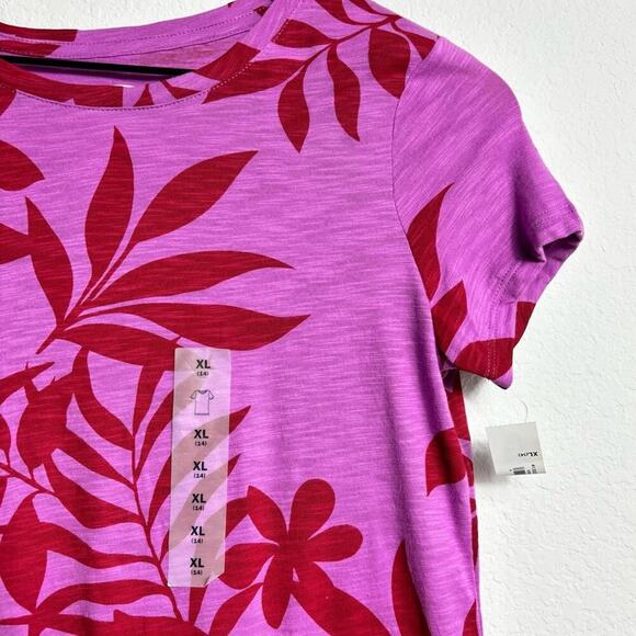 OLD NAVYGIRLS PURPLE RED XL SIZE 14 SHORT SLEEVE FLORAL LEAF PRINT T-SHIRT NEW - Picture 5 of 6